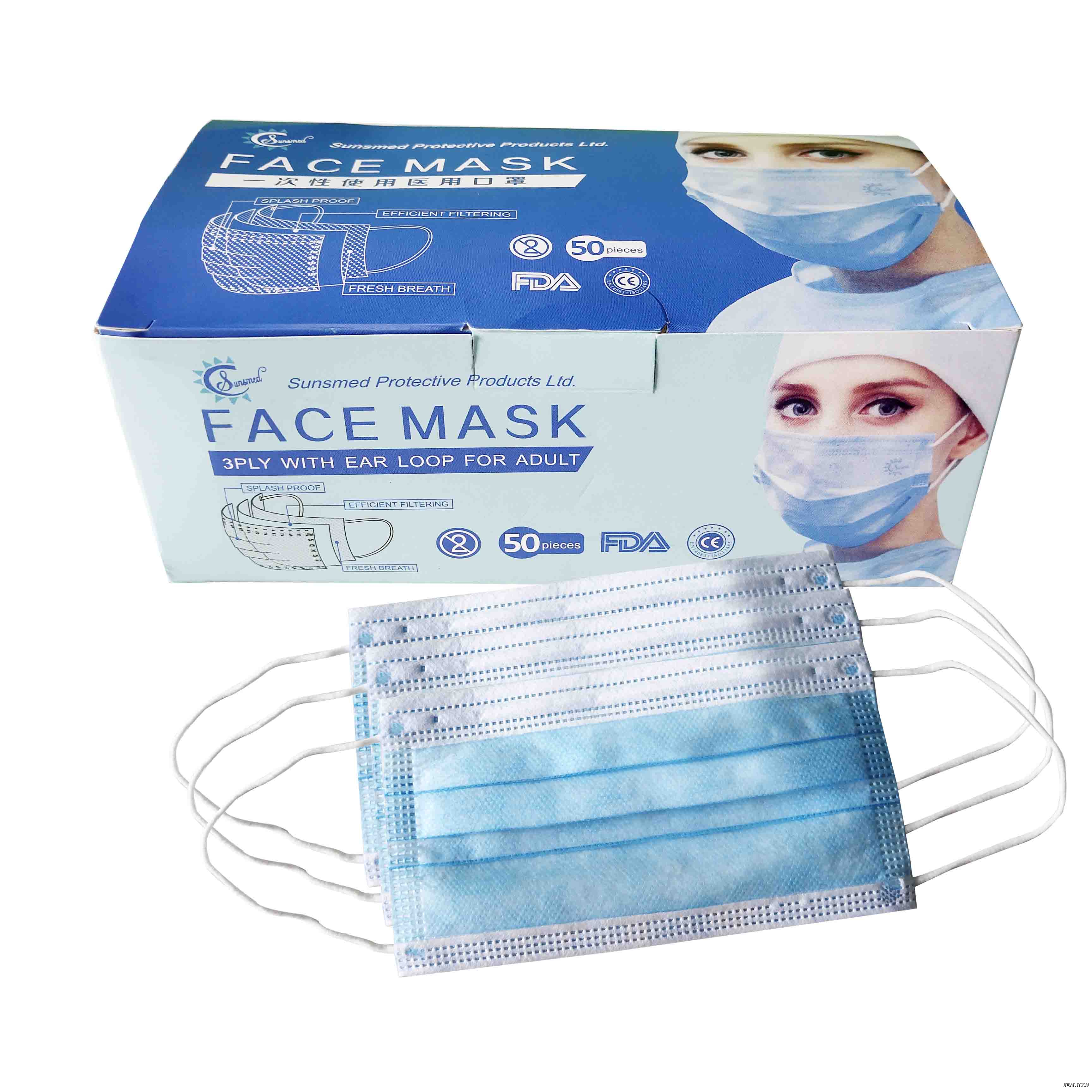 Masque facial non tissé jetable chirurgical médical en stock avec 3 couches d'oreille adulte hautement filtrée suspendue